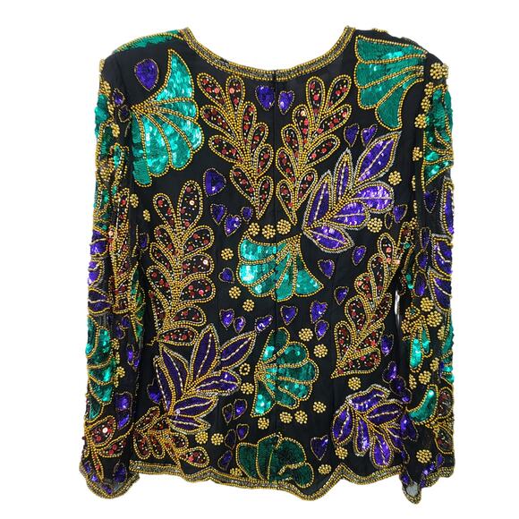 Saks Fifth Avenue Black Purple  Gold Red Silk Beaded Sequined Blink Top Shirt M - Picture 2 of 4
